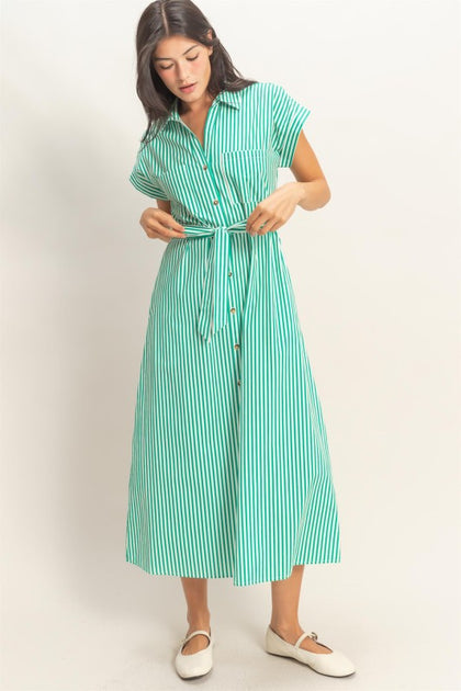 Green Striped Poplin Dress | S-L BohoDrift Green Striped Poplin Dress | S-L BohoDrift