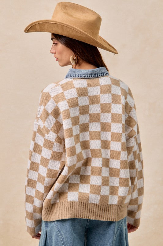 Mixed Knit Checkered and Denim Sweater | S-XL