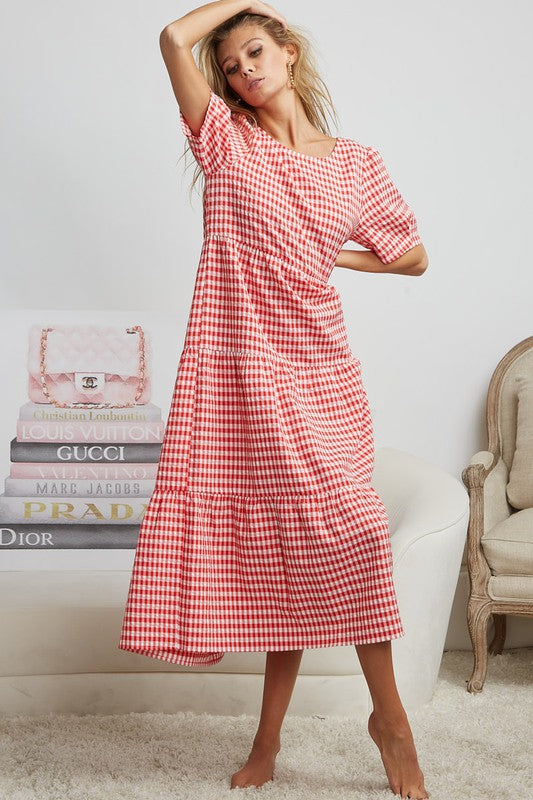 Red Checkered Tiered Midi Dress | S-XL