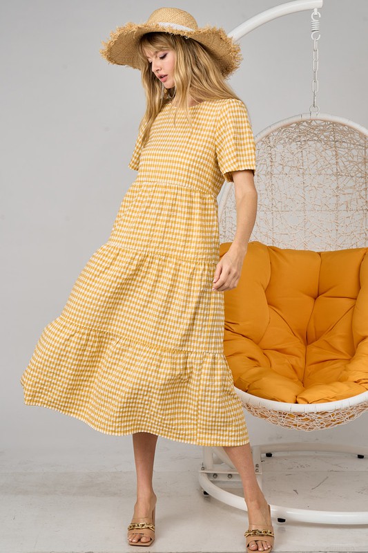 Yellow Checkered Tiered Midi Dress | S-XL (Copy)