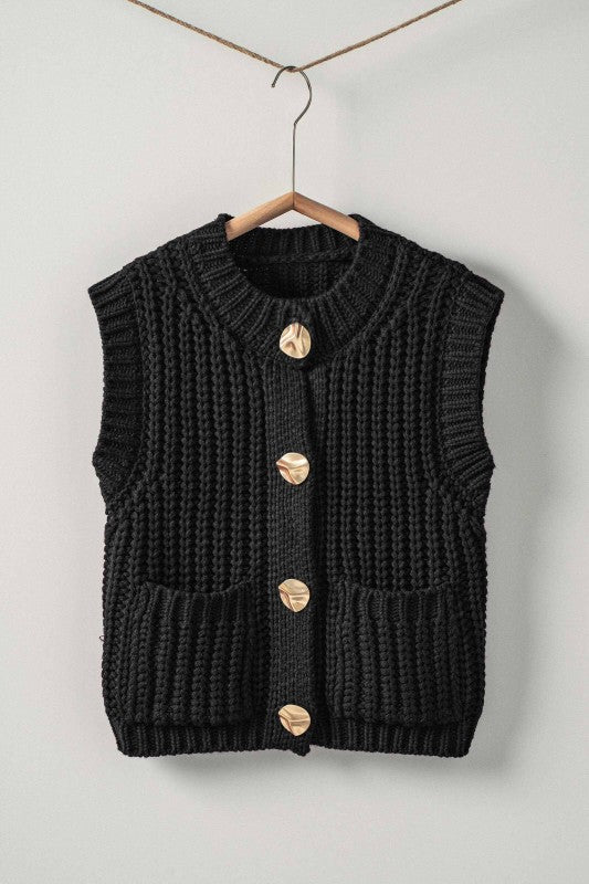 Black Chunky Knit Button-Front Sweater Vest | S-L