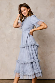 Blue Gray Polka Dot Smocked Dress | S-XL