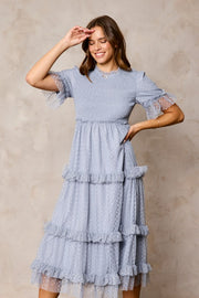 Blue Gray Polka Dot Smocked Dress | S-XL