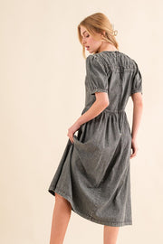 Charcoal Gray Washed Chambray Midi Dress | S-XL