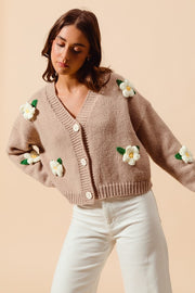 Flower Appliqué Taupe Cardigan | S-XL