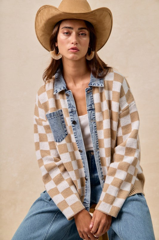Mixed Knit Checkered and Denim Sweater | S-XL