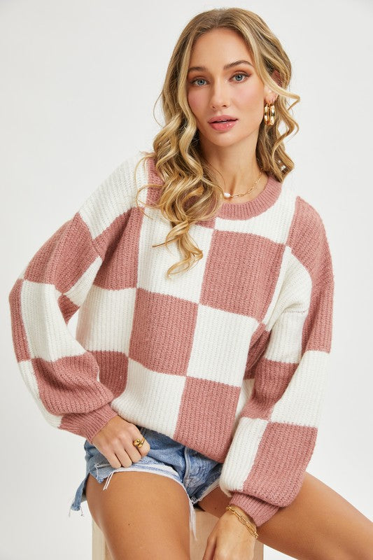 Checkered Mauve & Ivory Crew Sweater | S-L