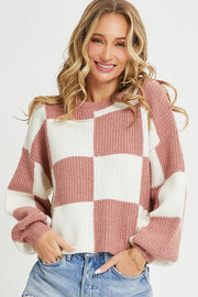 Checkered Mauve & Ivory Crew Sweater | S-L