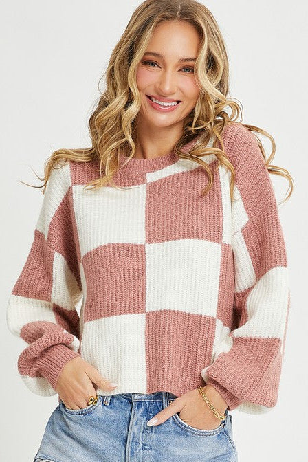 Checkered Mauve & Ivory Crew Sweater | S-L