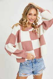 Checkered Mauve & Ivory Crew Sweater | S-L