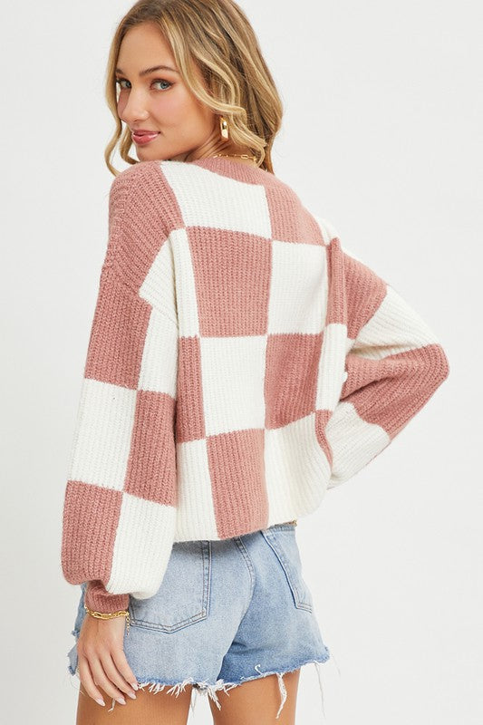 Checkered Mauve & Ivory Crew Sweater | S-L