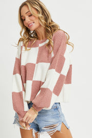 Checkered Mauve & Ivory Crew Sweater | S-L