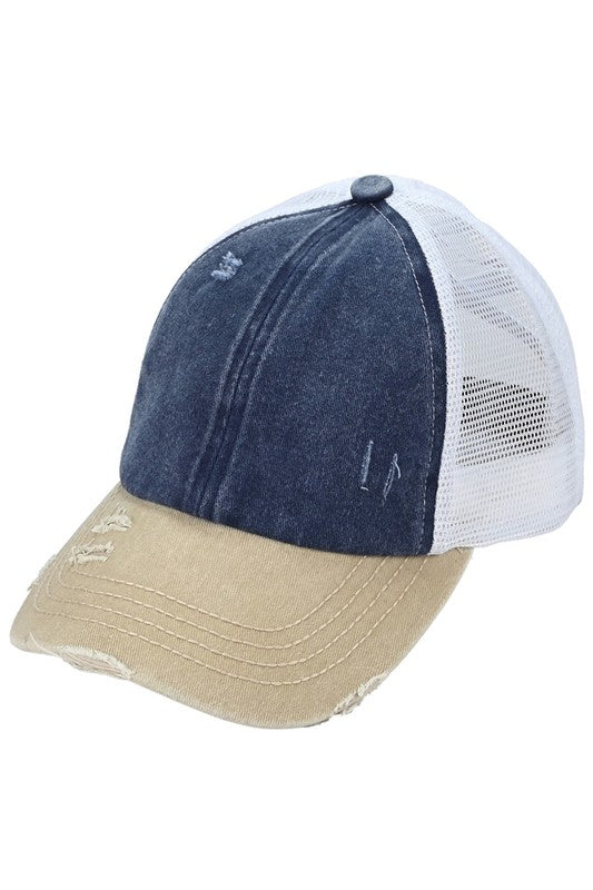 THREE TONE Distressed C.C® Criss-Cross Messy Bun Trucker Hat | 3 OPTIONS