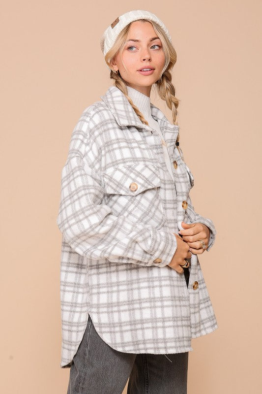 Gray & White Plaid Fleece Shacket | S-L