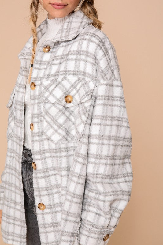 Gray & White Plaid Fleece Shacket | S-L