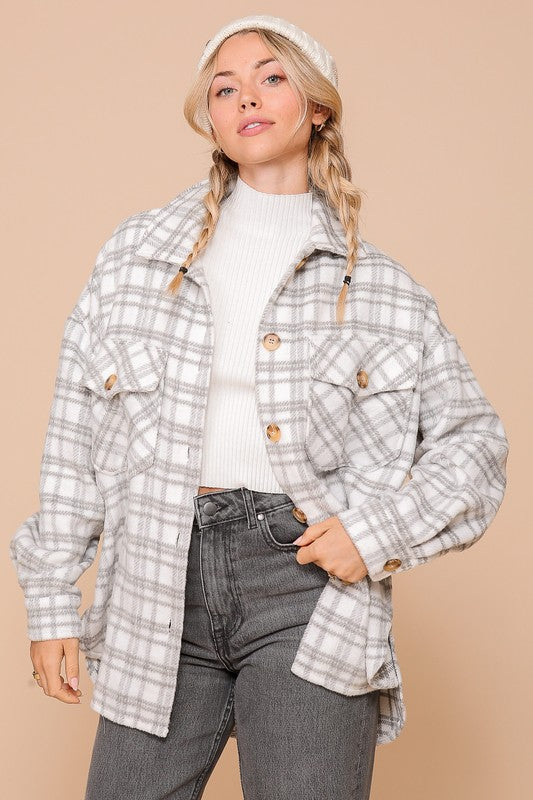 Gray & White Plaid Fleece Shacket | S-L