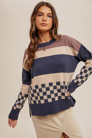 Check & Stripe Navy Grape Sweater | S-L