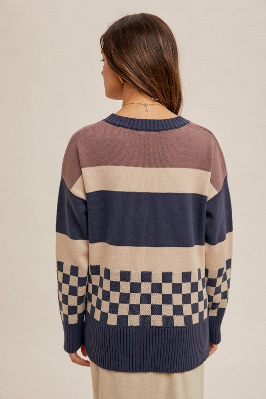 Check & Stripe Navy Grape Sweater | S-L