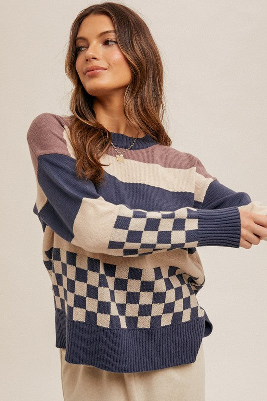Check & Stripe Navy Grape Sweater | S-L