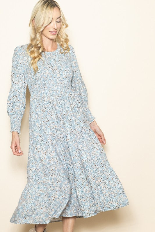 Olivia Blue Floral Smocked Dress | S-L