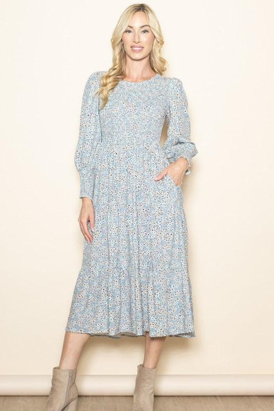 Olivia Blue Floral Smocked Dress | S-L