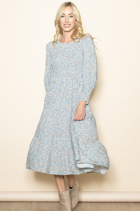 Olivia Blue Floral Smocked Dress | S-L