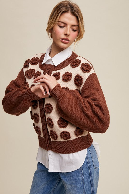 Mocha Rose Applique Cardigan Sweater | S-L