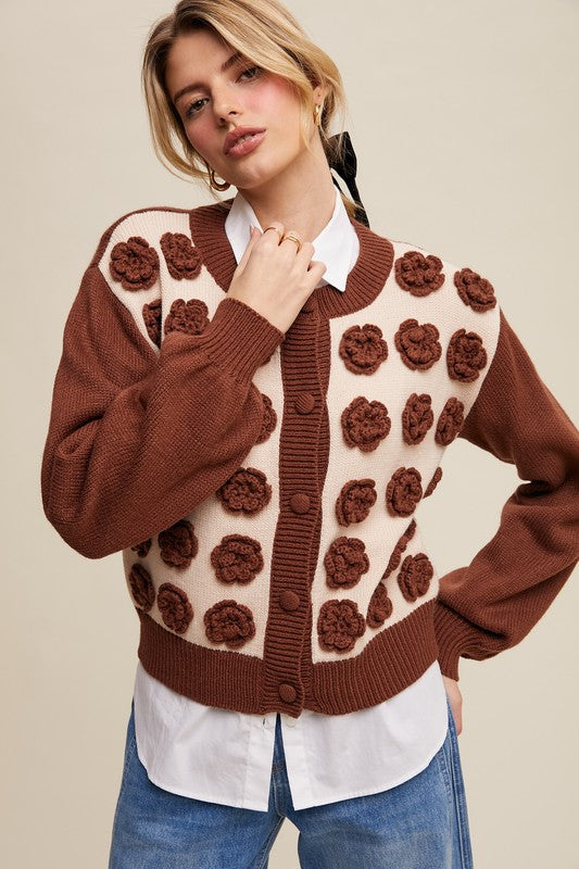 Mocha Rose Applique Cardigan Sweater | S-L