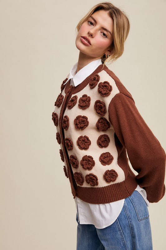 Mocha Rose Applique Cardigan Sweater | S-L