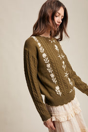 Olive Embroidered & Scallop Cable Knit Sweater | S-L