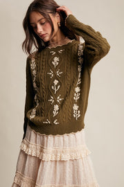 Olive Embroidered & Scallop Cable Knit Sweater | S-L