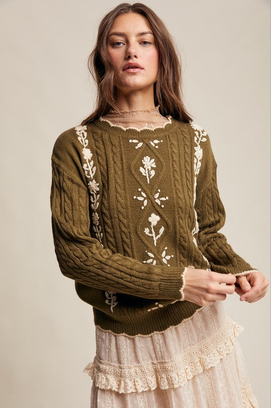 Olive Embroidered & Scallop Cable Knit Sweater | S-L
