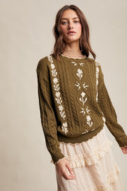 Olive Embroidered & Scallop Cable Knit Sweater | S-L