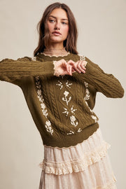Olive Embroidered & Scallop Cable Knit Sweater | S-L
