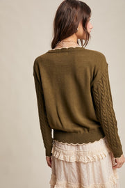 Olive Embroidered & Scallop Cable Knit Sweater | S-L