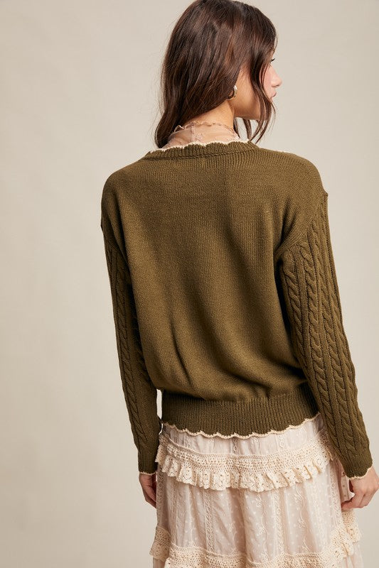 Olive Embroidered & Scallop Cable Knit Sweater | S-L