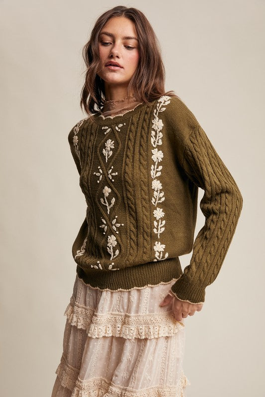 Olive Embroidered & Scallop Cable Knit Sweater | S-L