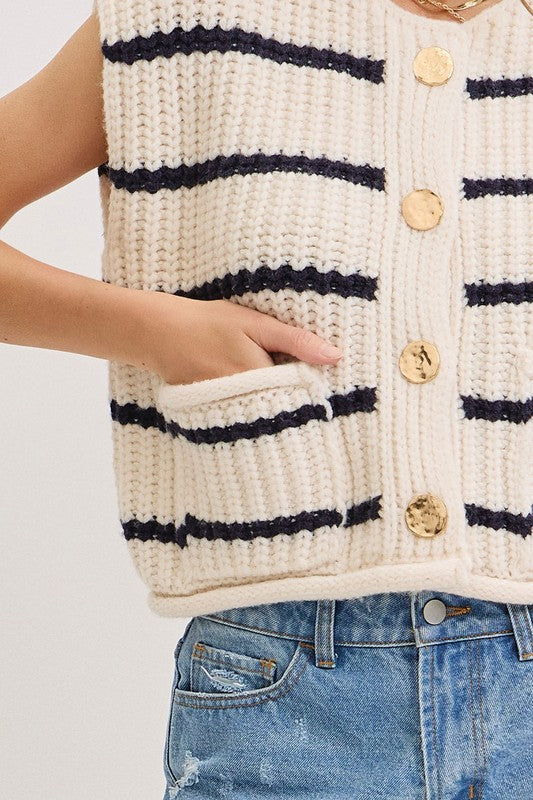 Striped Knit Button-Front Sweater Vest | S-L