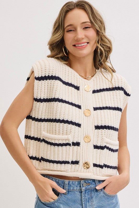 Striped Knit Button-Front Sweater Vest | S-L