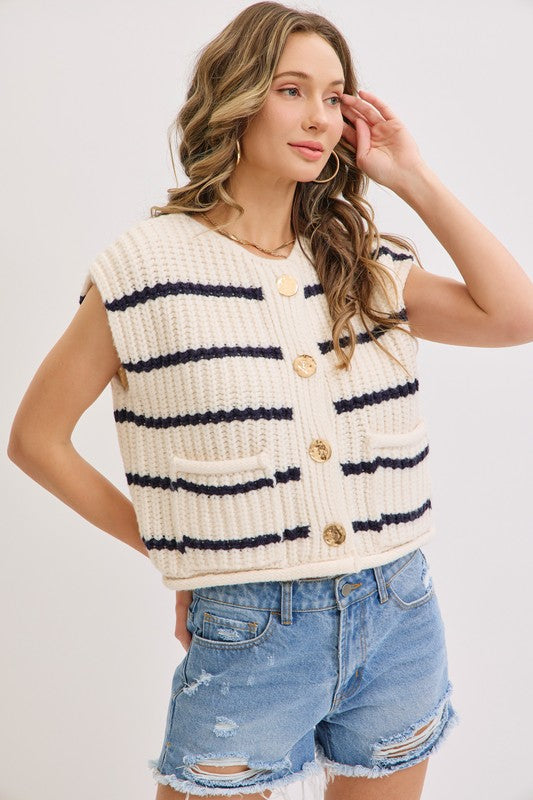 Striped Knit Button-Front Sweater Vest | S-L