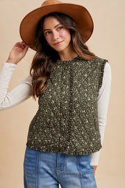 Green Ditsy Floral Quilted Vest | S-XL