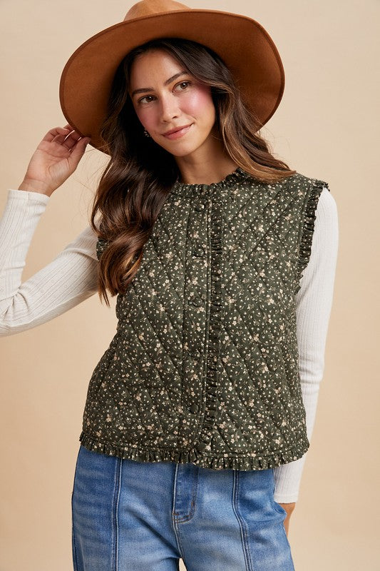 Green Ditsy Floral Quilted Vest | S-XL