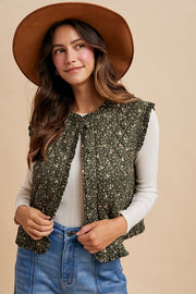 Green Ditsy Floral Quilted Vest | S-XL