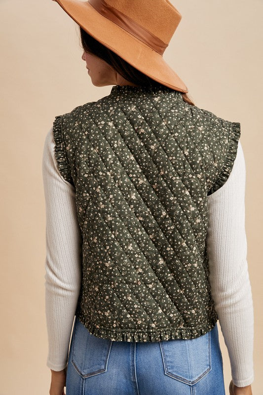 Green Ditsy Floral Quilted Vest | S-XL