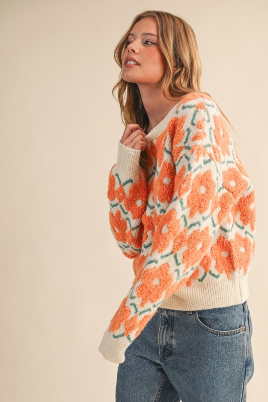 Orange Fuzzy Flower Sweater | S-L