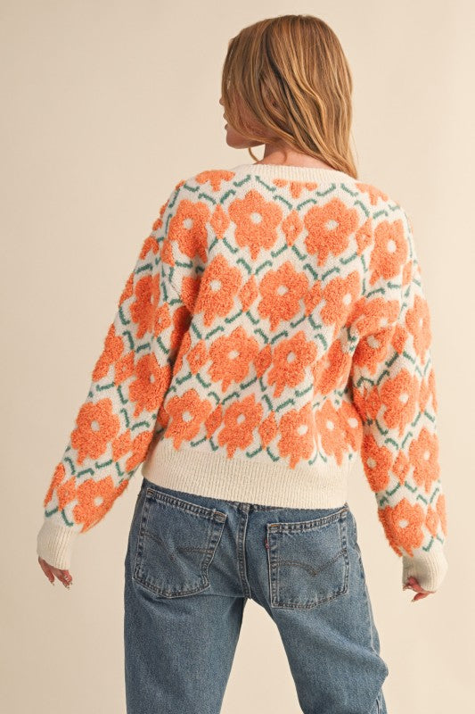 Orange Fuzzy Flower Sweater | S-L