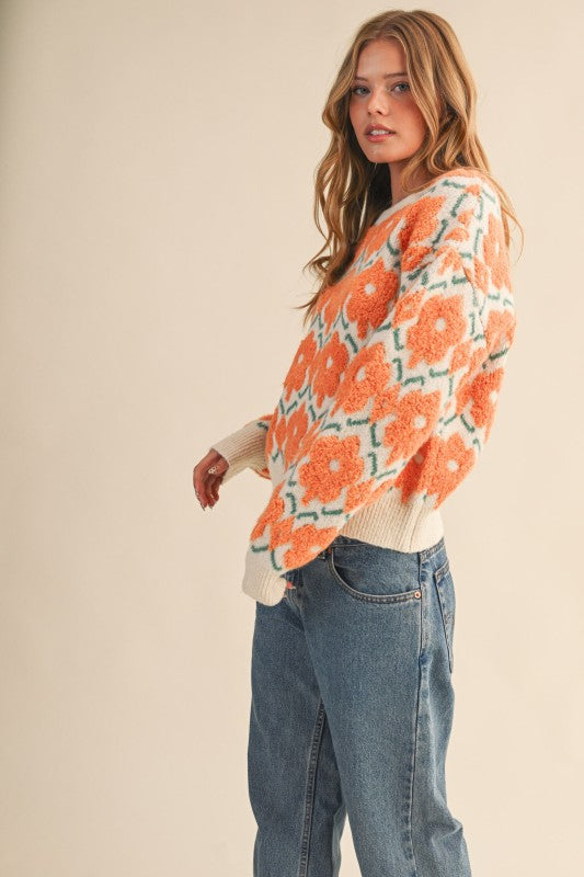 Orange Fuzzy Flower Sweater | S-L