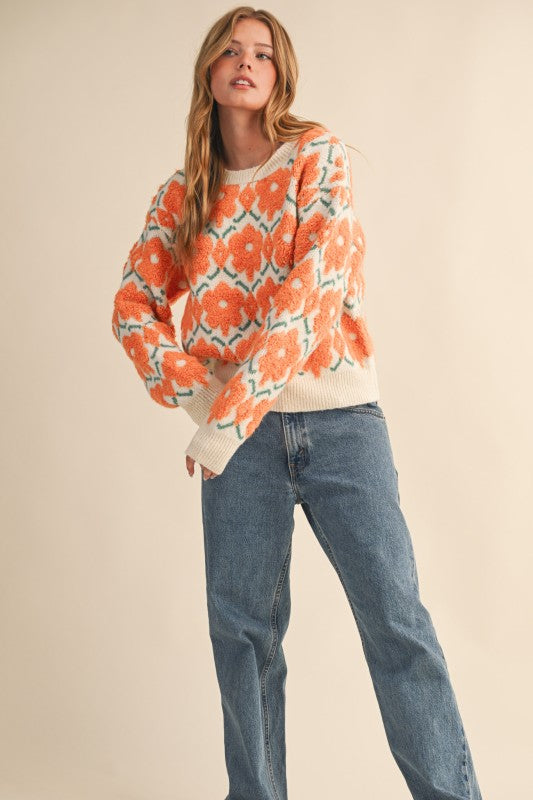 Orange Fuzzy Flower Sweater | S-L