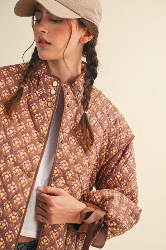 Brown Amber Quilted Floral Jacket | S-L