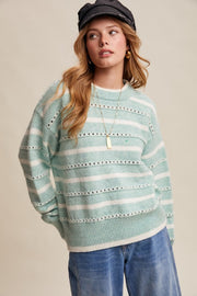 Sea Green Aqua Striped Open-Stitch Pullover Sweater | S-L